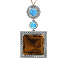 Dumanlı kuvars, akuamarin ve beyaz zirkon 14 ayar beyaz altın kolye (40 cm gümüş rolo zincir)