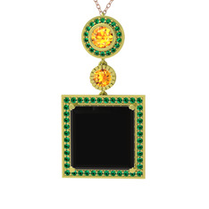 Siyah zirkon, sitrin ve yeşil kuvars 14 ayar altın kolye (40 cm rose altın rolo zincir)