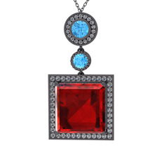 Toprak Kolye - Garnet, akuamarin ve beyaz zirkon 925 ayar siyah rodyum kaplama gümüş kolye (40 cm gümüş rolo zincir) #xn0ats