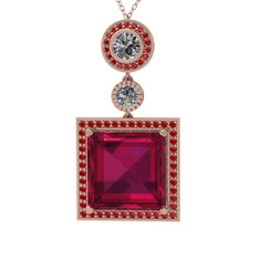 Rodolit garnet, beyaz zirkon ve garnet 14 ayar rose altın kolye (40 cm rose altın rolo zincir)