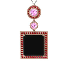 Toprak Kolye - Siyah zirkon, pembe kuvars ve garnet 8 ayar rose altın kolye (40 cm beyaz altın rolo zincir) #ynrxz9