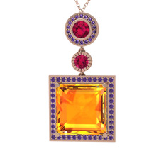 Sitrin, rodolit garnet ve ametist 8 ayar rose altın kolye (40 cm rose altın rolo zincir)