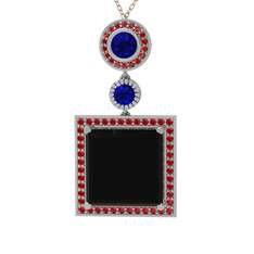 Siyah zirkon, lab safir ve garnet 925 ayar gümüş kolye (40 cm gümüş rolo zincir)
