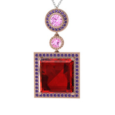 Toprak Kolye - Garnet, pembe kuvars ve ametist 14 ayar rose altın kolye (40 cm gümüş rolo zincir) #zael36