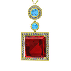 Garnet, akuamarin ve beyaz zirkon 8 ayar altın kolye (40 cm gümüş rolo zincir)