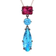 Rodolit garnet ve akuamarin 925 ayar siyah rodyum kaplama gümüş kolye (40 cm rose altın rolo zincir)