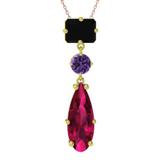 Siyah zirkon, ametist ve rodolit garnet 14 ayar altın kolye (40 cm rose altın rolo zincir)