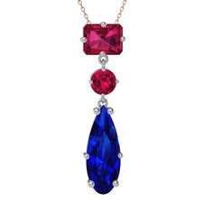 Rodolit garnet ve lab safir 925 ayar gümüş kolye (40 cm rose altın rolo zincir)