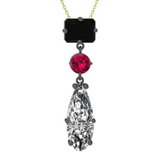 Siyah zirkon, rodolit garnet ve beyaz zirkon 925 ayar siyah rodyum kaplama gümüş kolye (40 cm altın rolo zincir)