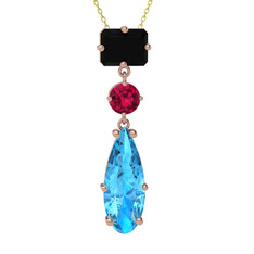 Guana Kolye - Siyah zirkon, rodolit garnet ve akuamarin 14 ayar rose altın kolye (40 cm altın rolo zincir) #12rvnwx