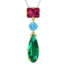 Rodolit garnet, akuamarin ve yeşil kuvars 8 ayar altın kolye (40 cm beyaz altın rolo zincir)