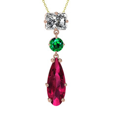 Beyaz zirkon, yeşil kuvars ve rodolit garnet 18 ayar rose altın kolye (40 cm altın rolo zincir)
