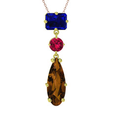 Lab safir, rodolit garnet ve dumanlı kuvars 925 ayar altın kaplama gümüş kolye (40 cm rose altın rolo zincir)