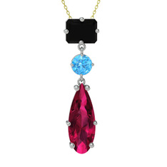 Siyah zirkon, akuamarin ve rodolit garnet 8 ayar beyaz altın kolye (40 cm gümüş rolo zincir)