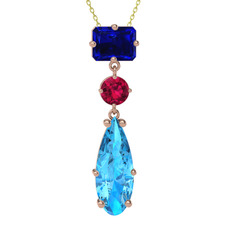 Guana Kolye - Lab safir, rodolit garnet ve akuamarin 8 ayar rose altın kolye (40 cm altın rolo zincir) #14lc49z