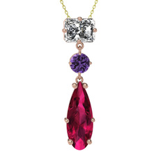 Beyaz zirkon, ametist ve rodolit garnet 14 ayar rose altın kolye (40 cm altın rolo zincir)