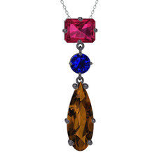 Rodolit garnet, lab safir ve dumanlı kuvars 925 ayar siyah rodyum kaplama gümüş kolye (40 cm gümüş rolo zincir)