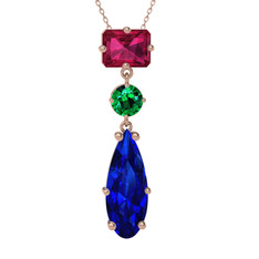 Rodolit garnet, yeşil kuvars ve lab safir 925 ayar rose altın kaplama gümüş kolye (40 cm gümüş rolo zincir)