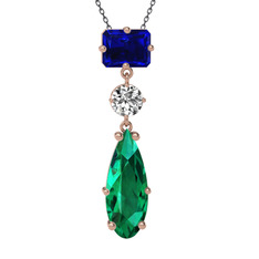 Lab safir, beyaz zirkon ve yeşil kuvars 8 ayar rose altın kolye (40 cm gümüş rolo zincir)