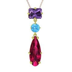 Ametist, akuamarin ve rodolit garnet 18 ayar altın kolye (40 cm rose altın rolo zincir)