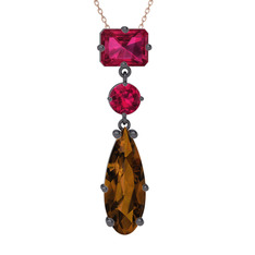 Guana Kolye - Rodolit garnet ve dumanlı kuvars 925 ayar siyah rodyum kaplama gümüş kolye (40 cm rose altın rolo zincir) #165zv0k