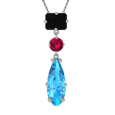 Siyah zirkon, rodolit garnet ve akuamarin 18 ayar beyaz altın kolye (40 cm gümüş rolo zincir)