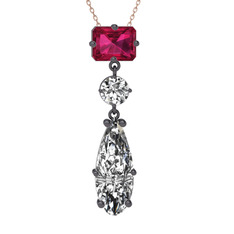 Rodolit garnet ve beyaz zirkon 925 ayar siyah rodyum kaplama gümüş kolye (40 cm rose altın rolo zincir)