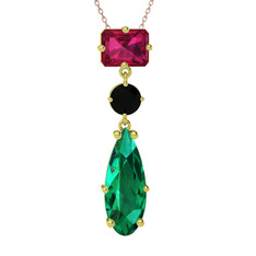 Rodolit garnet, siyah zirkon ve yeşil kuvars 8 ayar altın kolye (40 cm rose altın rolo zincir)