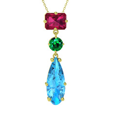 Guana Kolye - Rodolit garnet, yeşil kuvars ve akuamarin 18 ayar altın kolye (40 cm altın rolo zincir) #197dca6