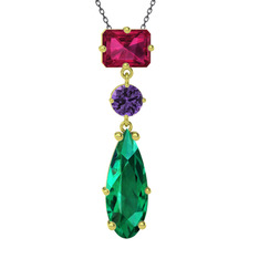 Guana Kolye - Rodolit garnet, ametist ve yeşil kuvars 18 ayar altın kolye (40 cm gümüş rolo zincir) #19namw8