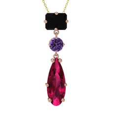 Siyah zirkon, ametist ve rodolit garnet 14 ayar rose altın kolye (40 cm altın rolo zincir)