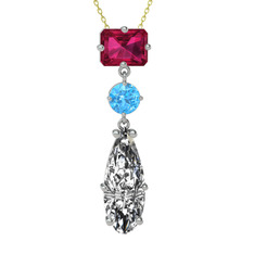 Rodolit garnet, akuamarin ve beyaz zirkon 14 ayar beyaz altın kolye (40 cm altın rolo zincir)
