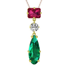 Guana Kolye - Rodolit garnet, beyaz zirkon ve yeşil kuvars 925 ayar altın kaplama gümüş kolye (40 cm rose altın rolo zincir) #1a9d18l
