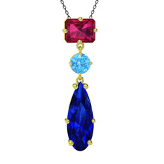 Guana Kolye - Rodolit garnet, akuamarin ve lab safir 14 ayar altın kolye (40 cm gümüş rolo zincir) #1c30uau
