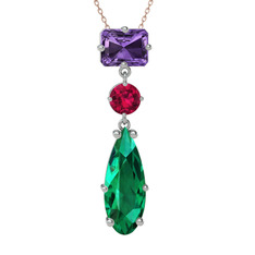 Guana Kolye - Ametist, rodolit garnet ve yeşil kuvars 8 ayar beyaz altın kolye (40 cm rose altın rolo zincir) #1d6y4ru