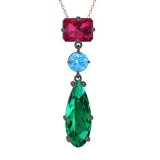 Guana Kolye - Rodolit garnet, akuamarin ve yeşil kuvars 925 ayar siyah rodyum kaplama gümüş kolye (40 cm rose altın rolo zincir) #1dd56wj