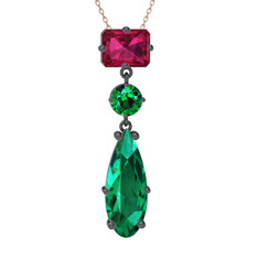 Rodolit garnet ve yeşil kuvars 925 ayar siyah rodyum kaplama gümüş kolye (40 cm rose altın rolo zincir)