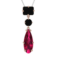 Siyah zirkon ve rodolit garnet 8 ayar rose altın kolye (40 cm beyaz altın rolo zincir)