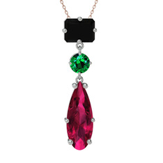 Siyah zirkon, yeşil kuvars ve rodolit garnet 14 ayar beyaz altın kolye (40 cm rose altın rolo zincir)