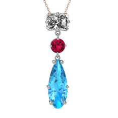 Beyaz zirkon, rodolit garnet ve akuamarin 8 ayar beyaz altın kolye (40 cm rose altın rolo zincir)