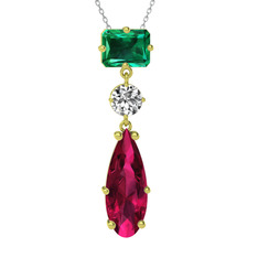 Yeşil kuvars, beyaz zirkon ve rodolit garnet 18 ayar altın kolye (40 cm gümüş rolo zincir)