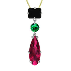 Siyah zirkon, yeşil kuvars ve rodolit garnet 18 ayar beyaz altın kolye (40 cm altın rolo zincir)