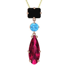 Siyah zirkon, akuamarin ve rodolit garnet 18 ayar rose altın kolye (40 cm altın rolo zincir)
