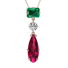 Guana Kolye - Yeşil kuvars, beyaz zirkon ve rodolit garnet 8 ayar rose altın kolye (40 cm rose altın rolo zincir) #1iwmieb