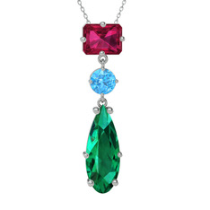 Rodolit garnet, akuamarin ve yeşil kuvars 14 ayar beyaz altın kolye (40 cm gümüş rolo zincir)