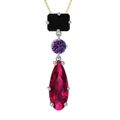 Siyah zirkon, ametist ve rodolit garnet 14 ayar beyaz altın kolye (40 cm altın rolo zincir)