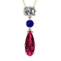 Beyaz zirkon, lab safir ve rodolit garnet 14 ayar rose altın kolye (40 cm altın rolo zincir)
