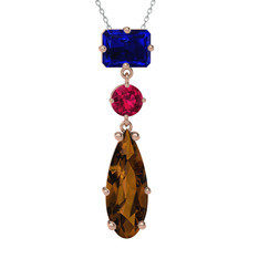 Lab safir, rodolit garnet ve dumanlı kuvars 925 ayar rose altın kaplama gümüş kolye (40 cm gümüş rolo zincir)