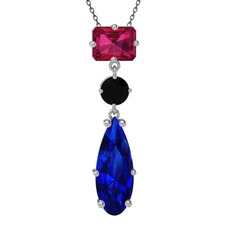 Rodolit garnet, siyah zirkon ve lab safir 8 ayar beyaz altın kolye (40 cm gümüş rolo zincir)