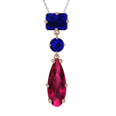 Guana Kolye - Lab safir ve rodolit garnet 8 ayar rose altın kolye (40 cm beyaz altın rolo zincir) #1kzemya